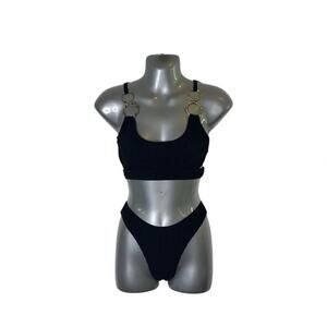 Women's Black Ring Linked Cutout Swimsuit Bikini Set Black Size Small
